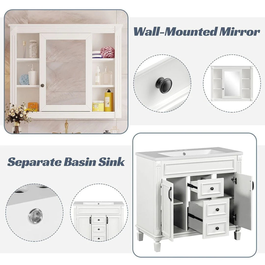 36 Modern Bathroom Vanity with Top Sink and Mirror Cabinet,2 Doors and 2 Drawers