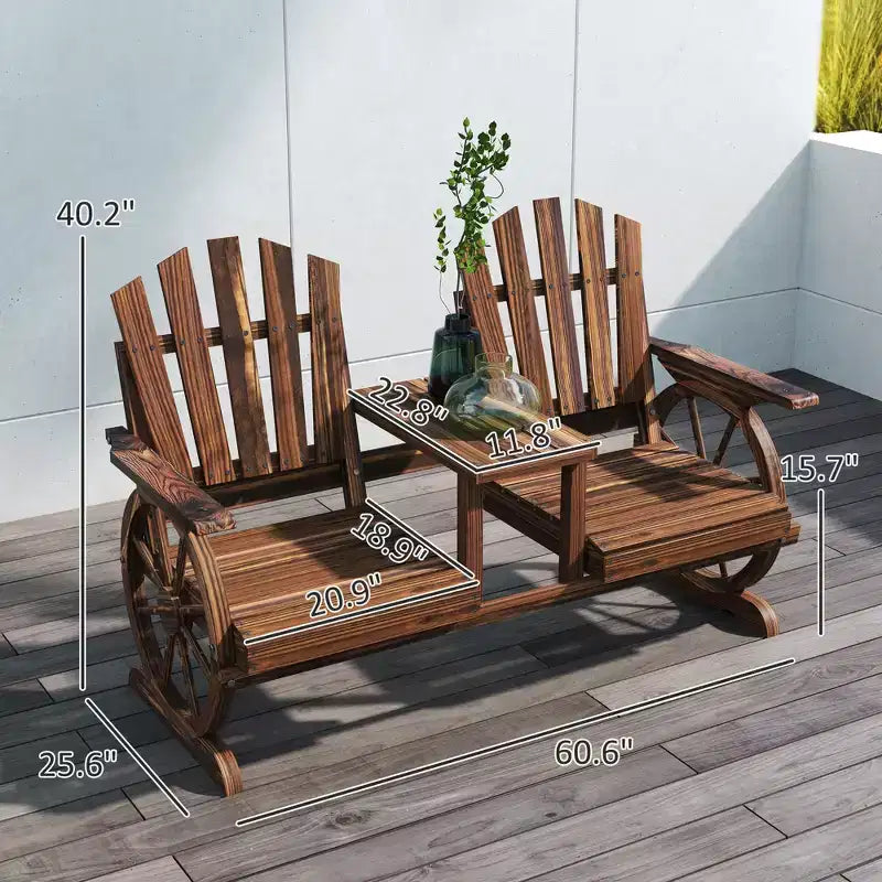 GDFStudio Sydel Wagon Wheel Patio Bench with Center Table and Storage Compartment
