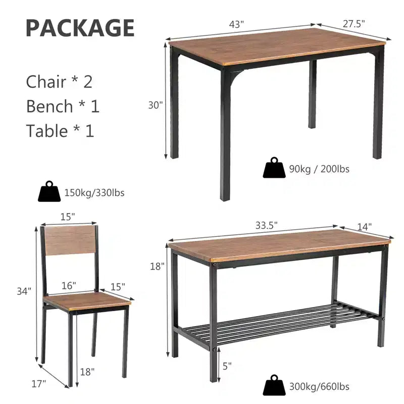 Costway 4pcs Dining Table Set Rustic Desk 2 Chairs & Bench w/ Storage Rack