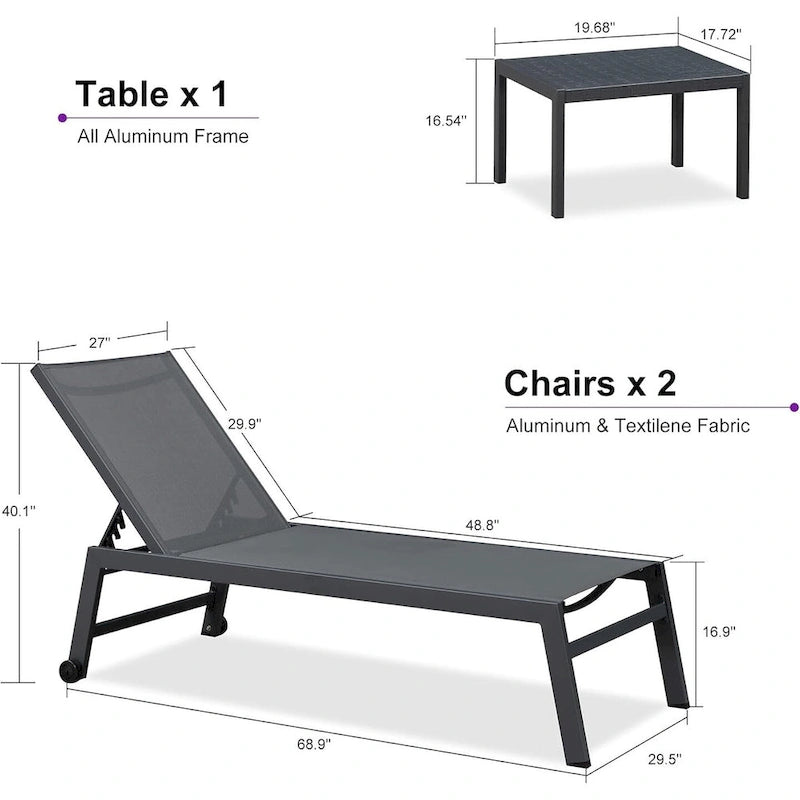 PURPLE LEAF Patio Chaise Lounge Set for 2 Outdoor Chaise Lounger Chair with Aluminum Frame