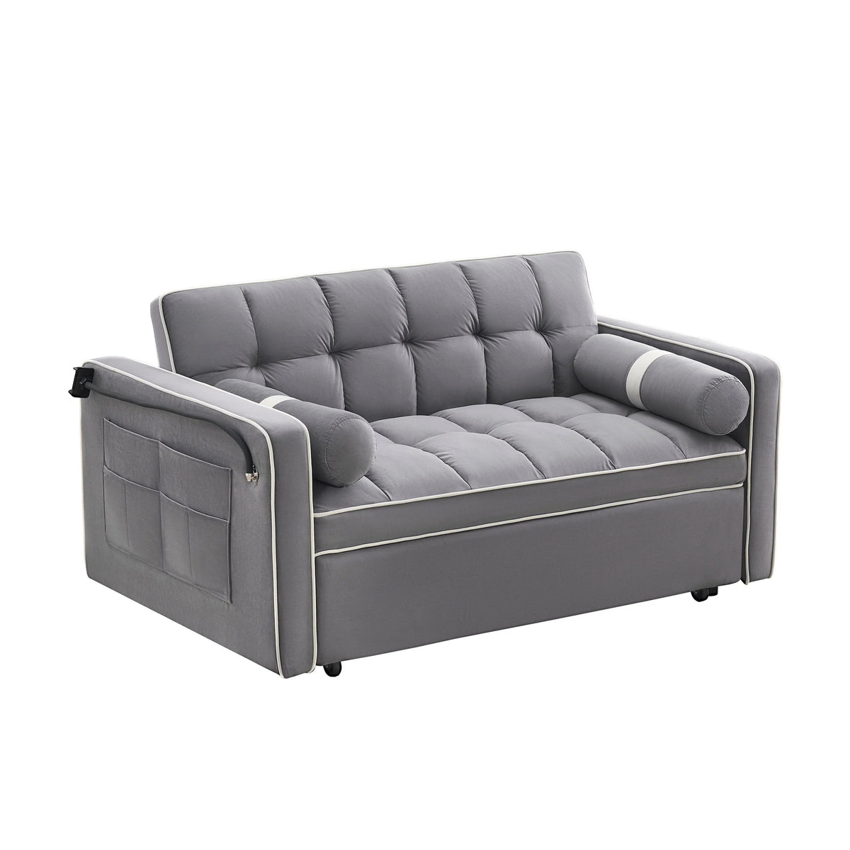 Velvet Convertible 55 2-Seater Sleeper Sofa with Pull-Out Bed, Adjustable Recline, Side Pockets, and Phone Holder