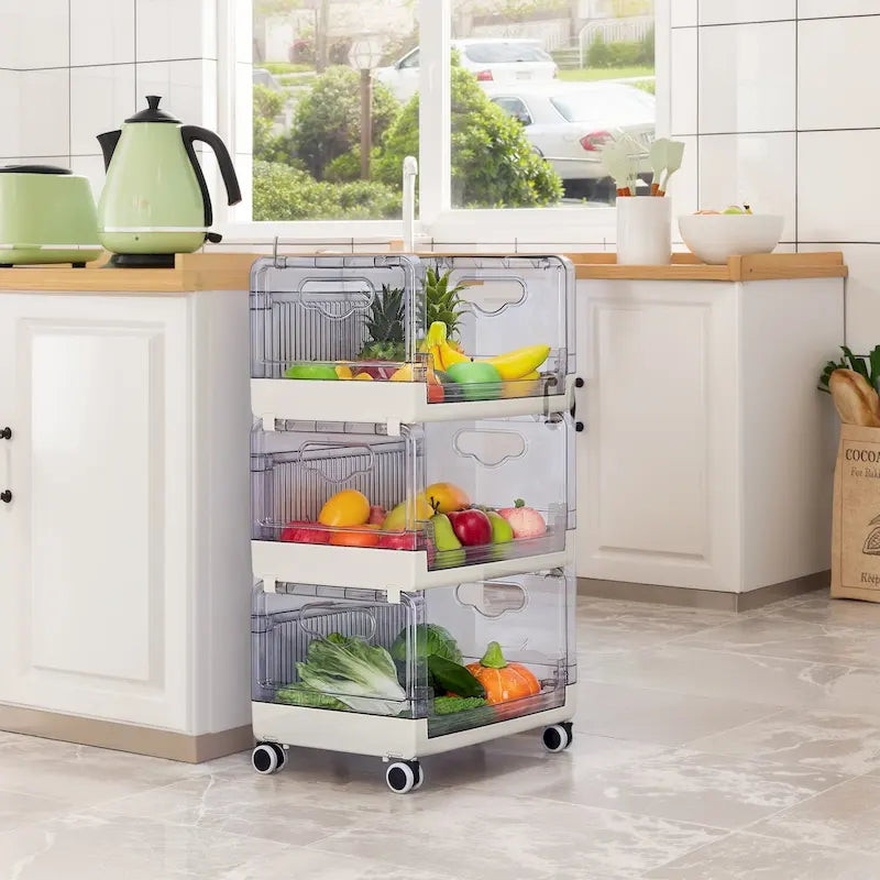Chariot de rangement roulant à 3 niveaux avec tiroirs transparents et roues verrouillables, blanc beige