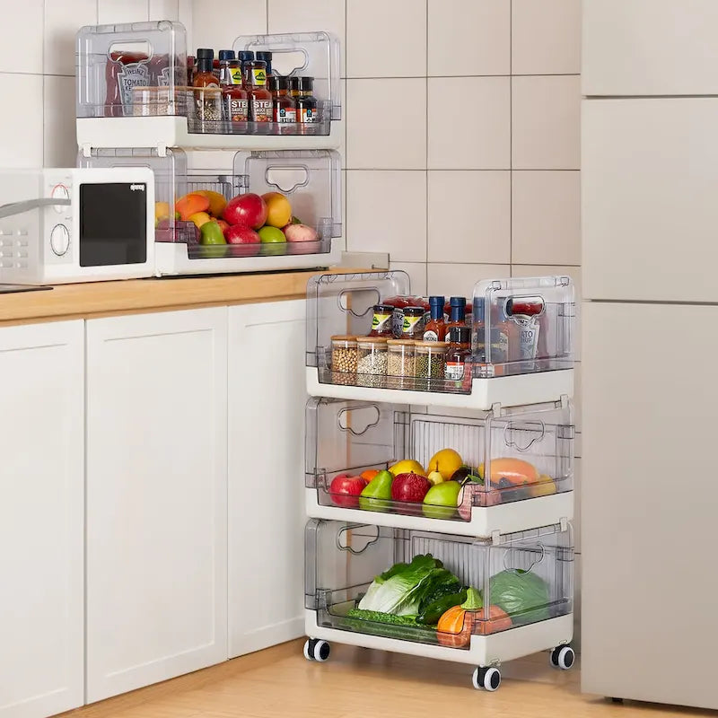 Chariot de rangement roulant à 3 niveaux avec tiroirs transparents et roues verrouillables, blanc beige