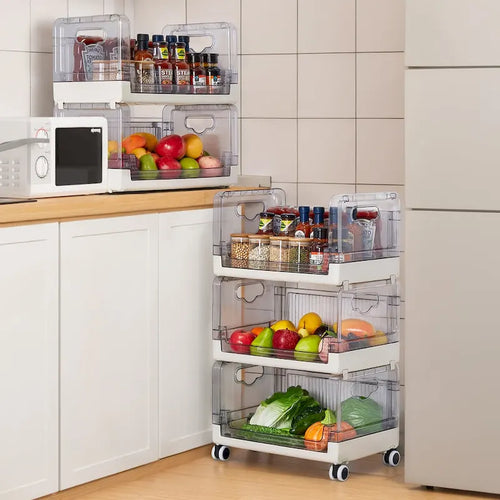 Chariot de rangement roulant à 3 niveaux avec tiroirs transparents et roues verrouillables, blanc beige