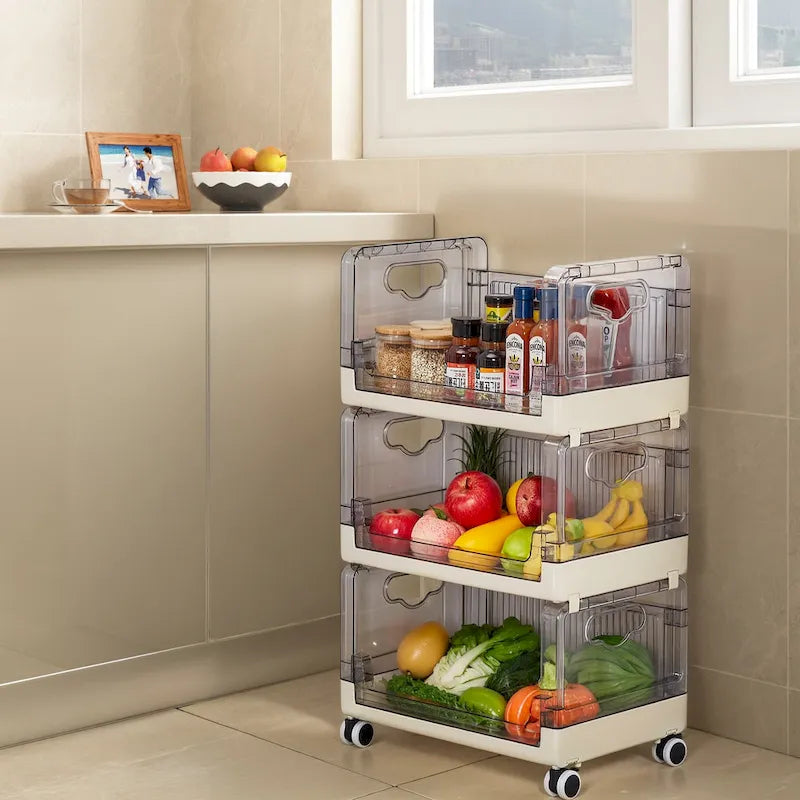 Chariot de rangement roulant à 3 niveaux avec tiroirs transparents et roues verrouillables, blanc beige