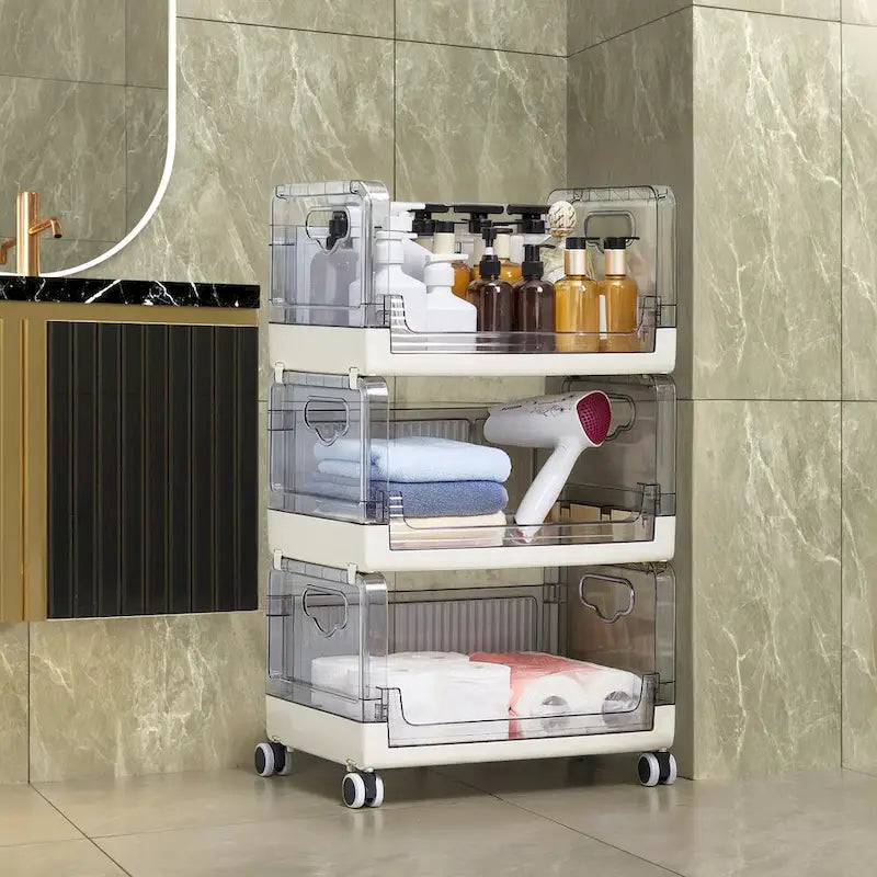 Chariot de rangement roulant à 3 niveaux avec tiroirs transparents et roues verrouillables, blanc beige