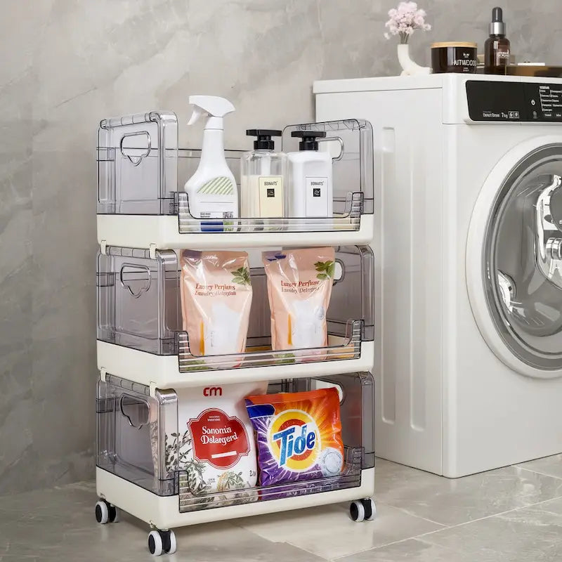 Chariot de rangement roulant à 3 niveaux avec tiroirs transparents et roues verrouillables, blanc beige