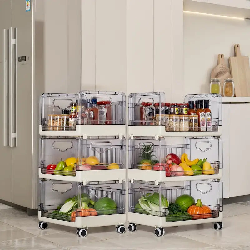 Chariot de rangement roulant à 3 niveaux avec tiroirs transparents et roues verrouillables, blanc beige