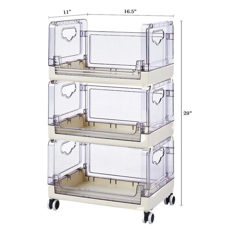 Chariot de rangement roulant à 3 niveaux avec tiroirs transparents et roues verrouillables, blanc beige