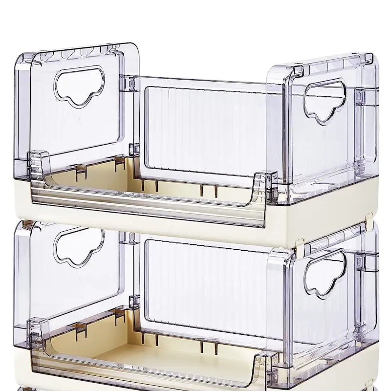 Chariot de rangement roulant à 3 niveaux avec tiroirs transparents et roues verrouillables, blanc beige