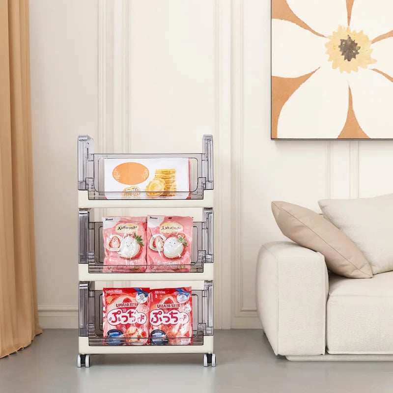 Chariot de rangement roulant à 3 niveaux avec tiroirs transparents et roues verrouillables, blanc beige