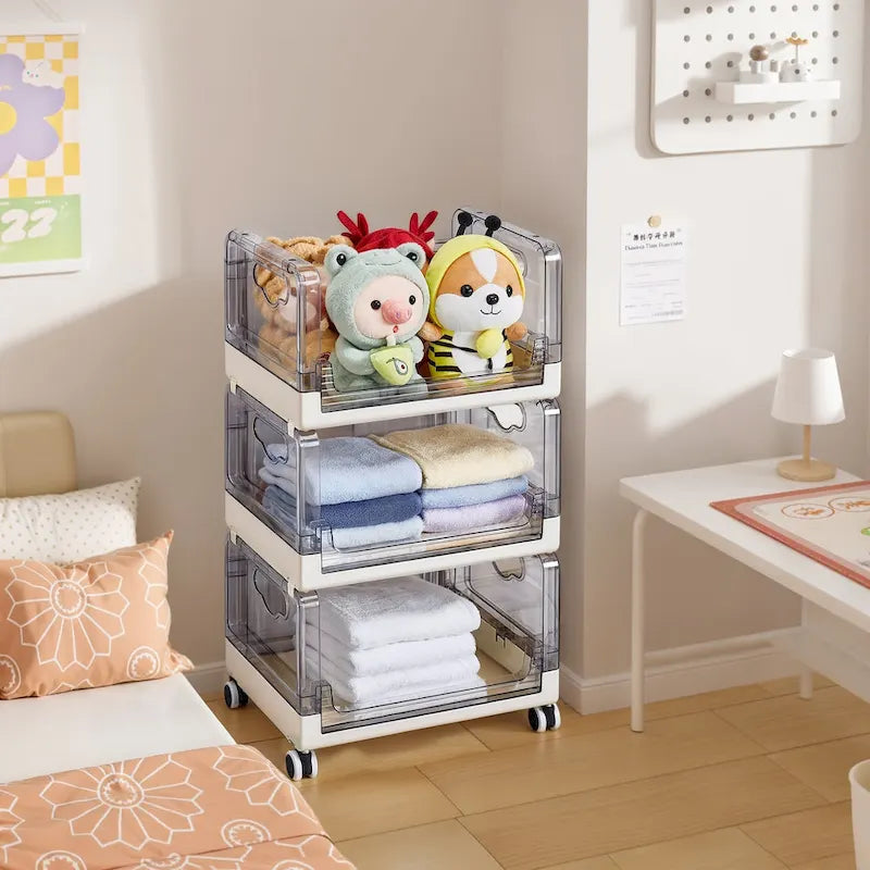 Chariot de rangement roulant à 3 niveaux avec tiroirs transparents et roues verrouillables, blanc beige