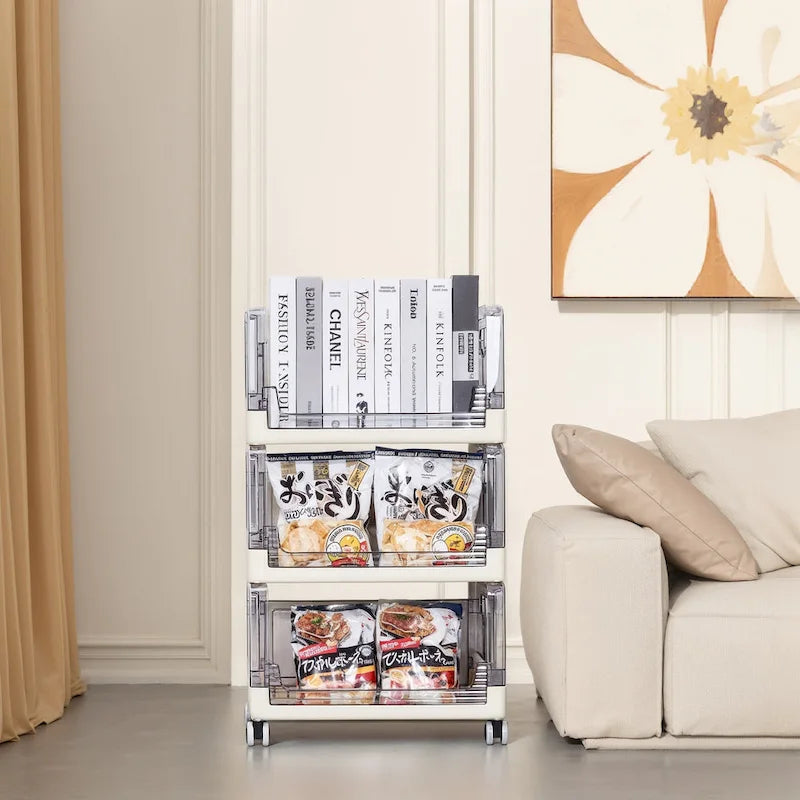 Chariot de rangement roulant à 3 niveaux avec tiroirs transparents et roues verrouillables, blanc beige