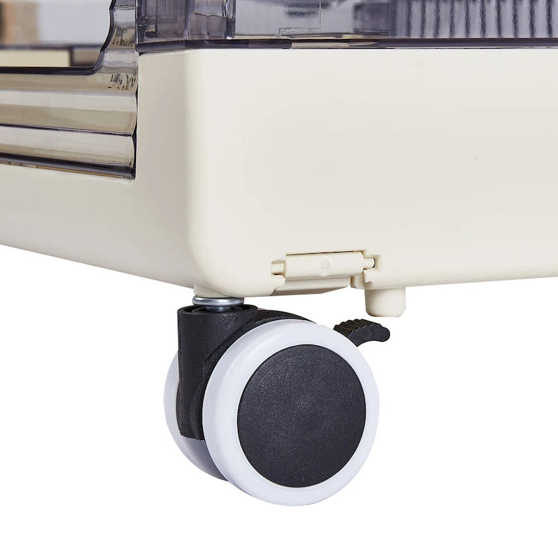 Chariot de rangement roulant à 3 niveaux avec tiroirs transparents et roues verrouillables, blanc beige