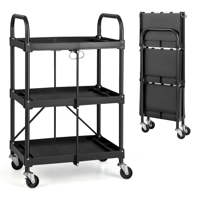 Chariot de service pliable noir à 3 tablettes avec roues verrouillables