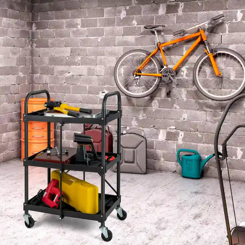 Chariot de service pliable noir à 3 tablettes avec roues verrouillables