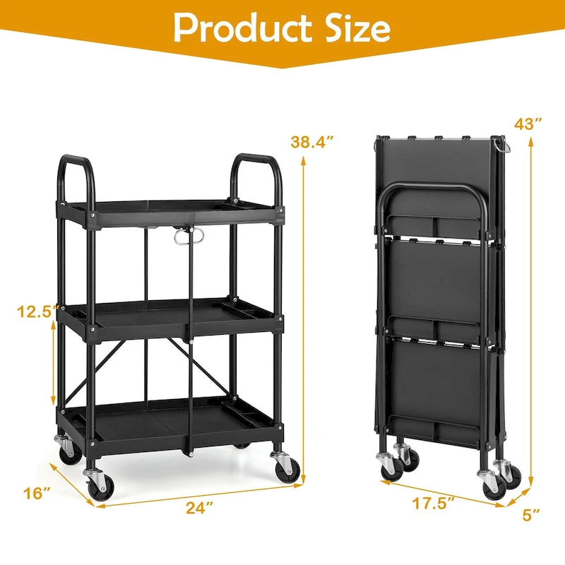 Chariot de service pliable noir à 3 tablettes avec roues verrouillables