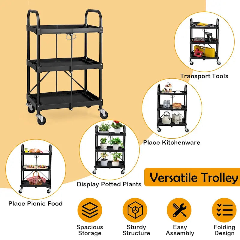 Chariot de service pliable noir à 3 tablettes avec roues verrouillables