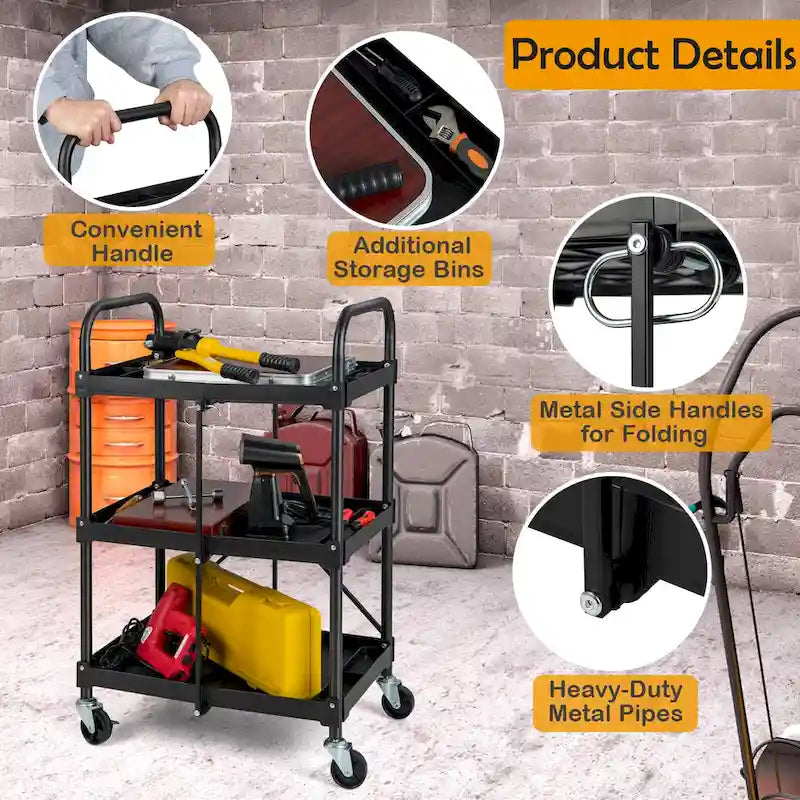 Chariot de service pliable noir à 3 tablettes avec roues verrouillables