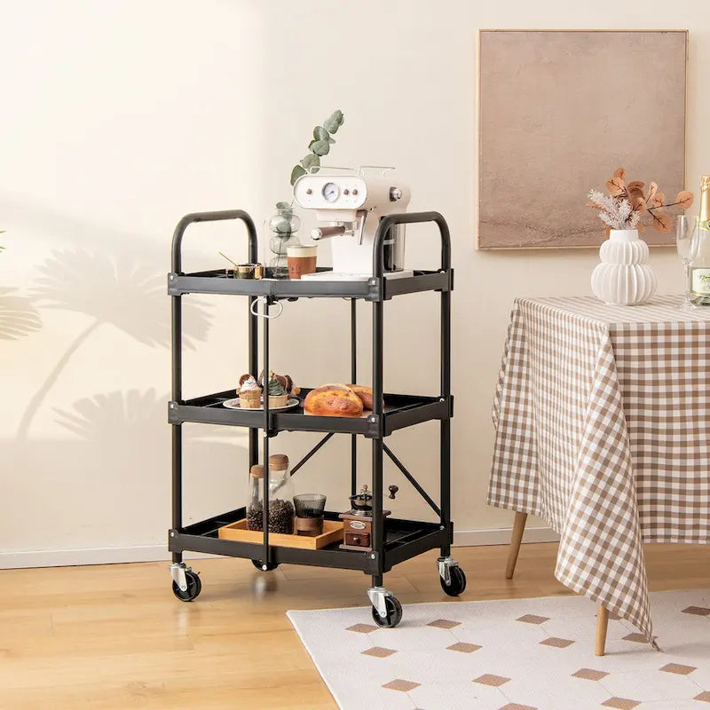 Chariot de service pliable noir à 3 tablettes avec roues verrouillables