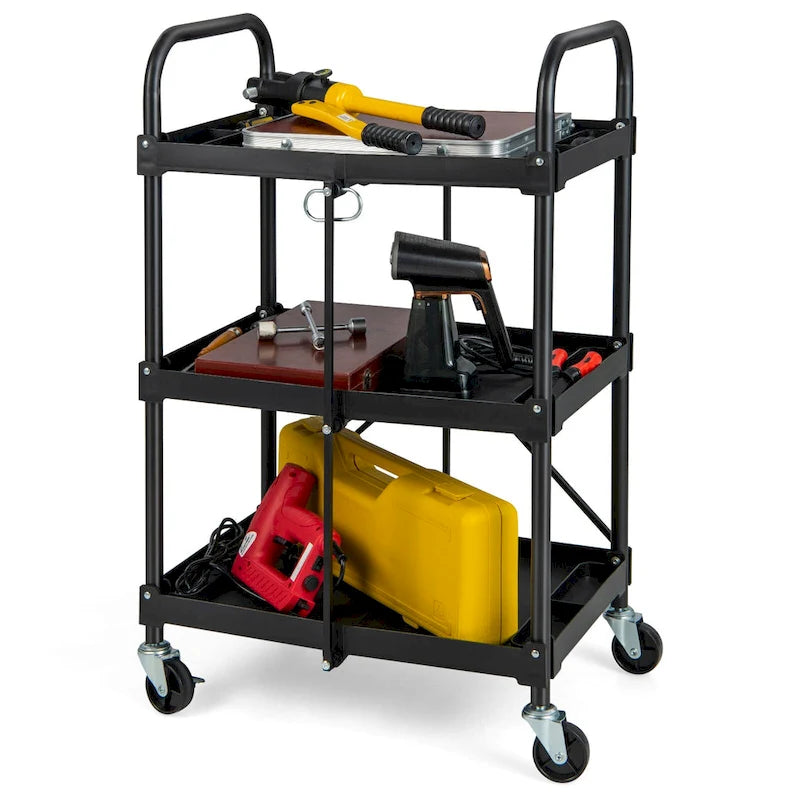 Chariot de service pliable noir à 3 tablettes avec roues verrouillables