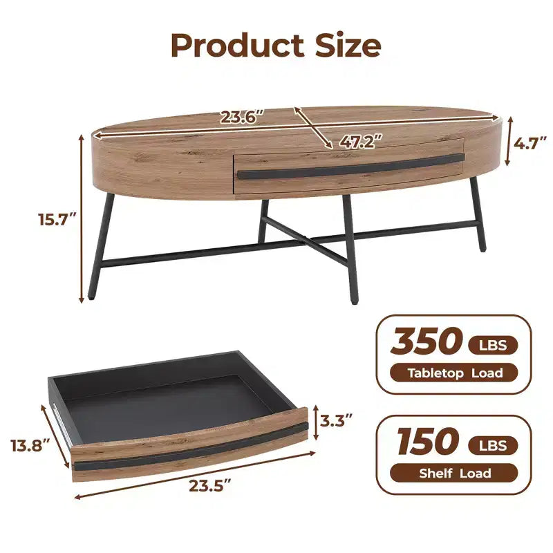 Oval Coffee Table with Drawer Mid-Century Modern Center Table 47.2 Wooden Coffee Table with Storage and Cross Metal Legs Curved Design