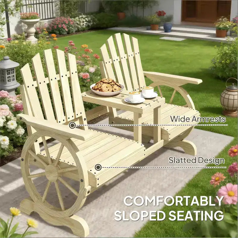 GDFStudio Sydel Wagon Wheel Patio Bench with Center Table and Storage Compartment