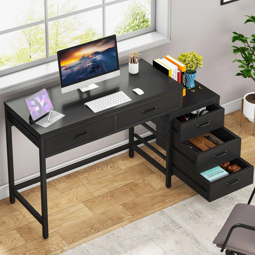 Reversible Computer Desk with 5 Drawers, Home Office Desk with File Cabinet Drawer Printer Stand