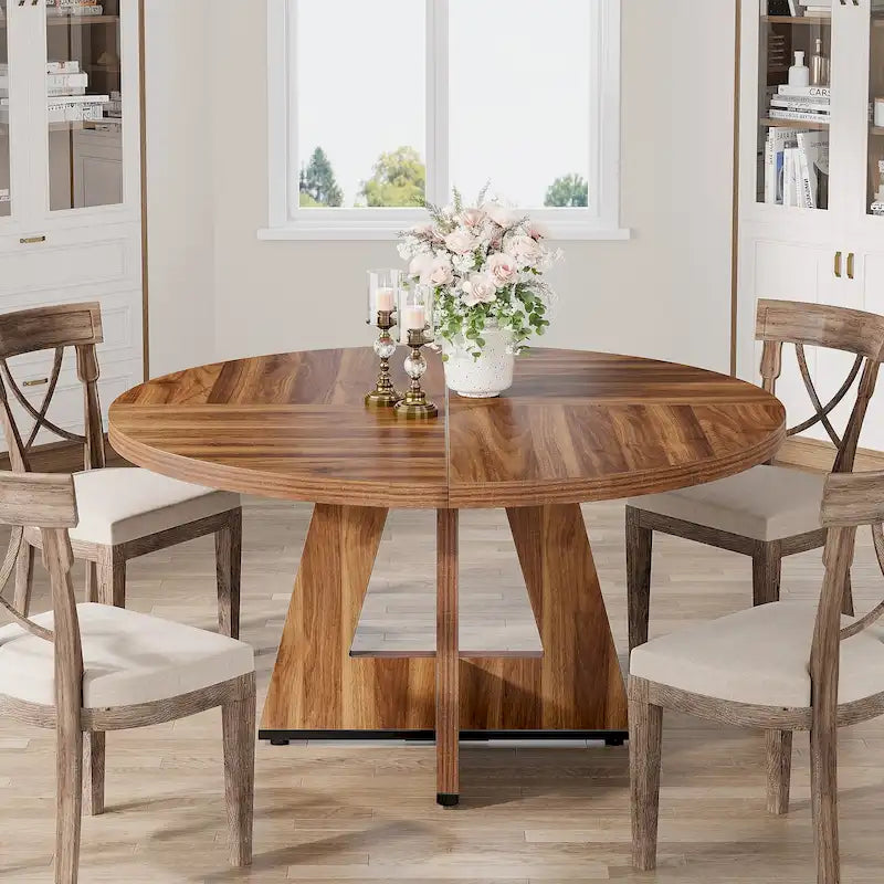 47 Inch Round Dining Table for 4, Wood Farmhouse Dinner Dinning Table for Kitchen Dining Living Room