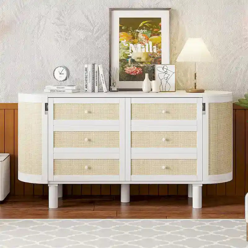Folding Bed Convertible Sideboard with Hidden Storage, Modern Woven Murphy Bed Wood Hidden Wall Platform Bedframe Chest