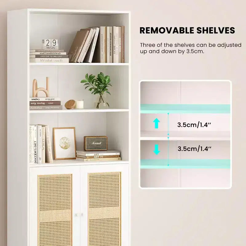 TUYOHW Tall Bookcase with Rattan Doors,5-Shelf Freestanding Storage Cabinet,Bookshelf for Living Room,Bedroom,Home Office