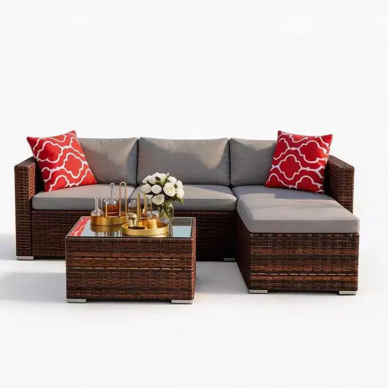 5 Pieces Patio Furniture Set, All-Weather Wicker Sectional Sofa With Anti-Slip Cushions, Rattan Outdoor Patio Furniture Sofa Set With Ottoman