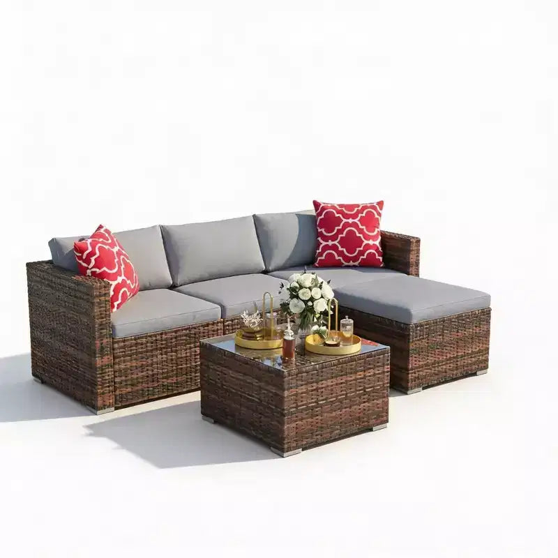 5 Pieces Patio Furniture Set, All-Weather Wicker Sectional Sofa With Anti-Slip Cushions, Rattan Outdoor Patio Furniture Sofa Set With Ottoman