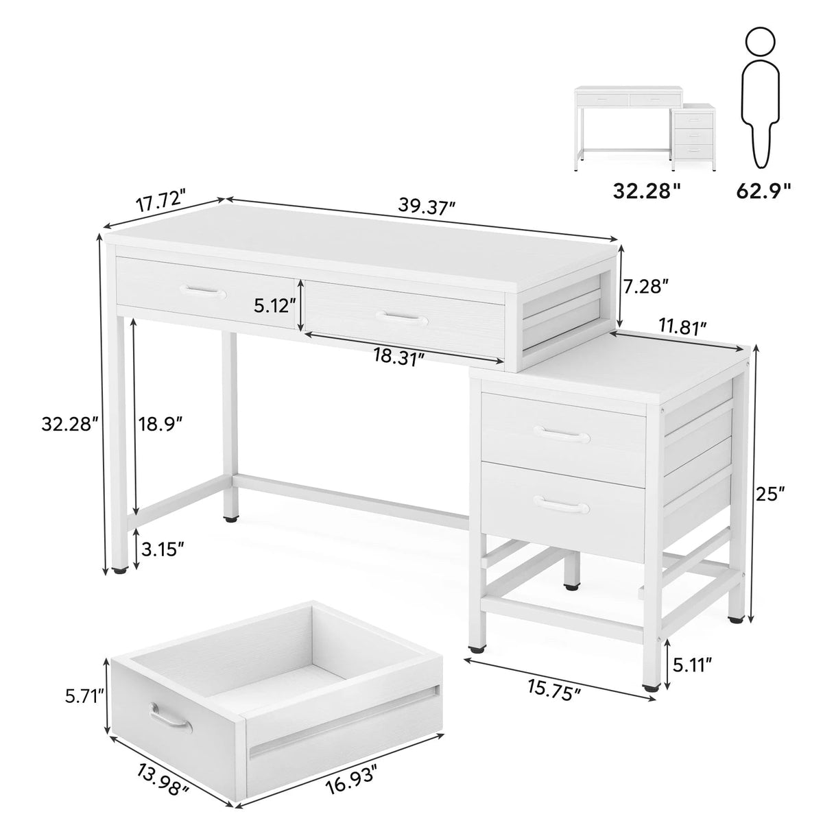 Reversible Computer Desk with 5 Drawers, Home Office Desk with File Cabinet Drawer Printer Stand