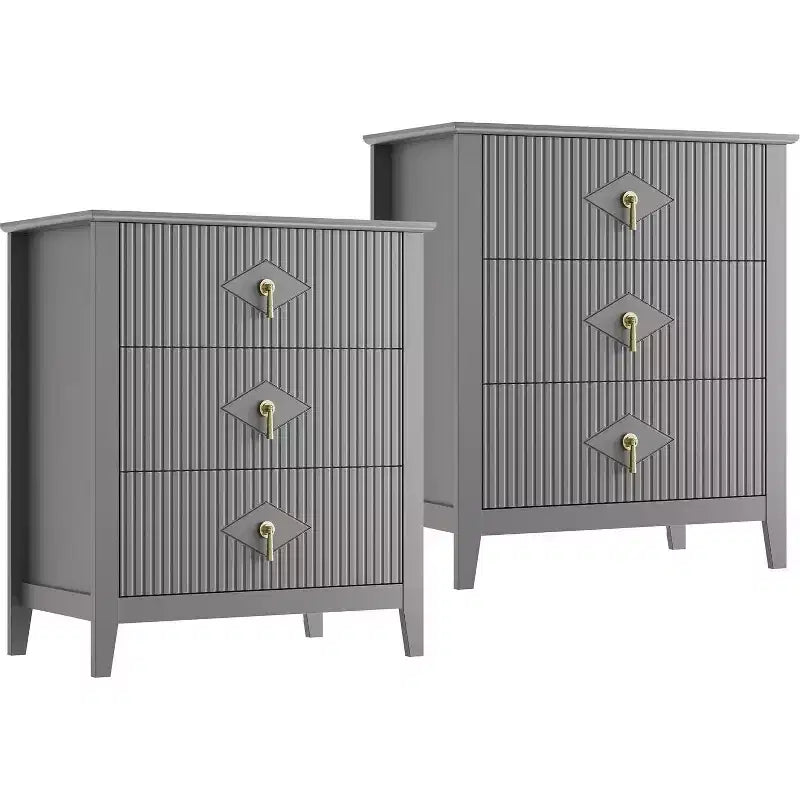 2Pcs Fluted Wood Nightstands, 27.5 Wide 3-Drawer Dresser Set, Modern Bedside Tables, Chest of Drawers for Bedroom, Living Room
