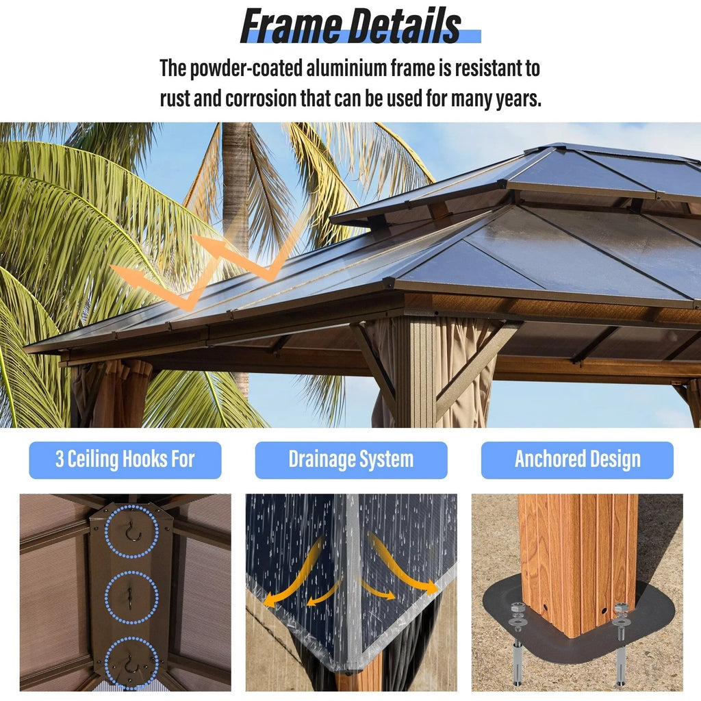 EROMMY Hardtop Gazebo,Outdoor Pergola with Double Roof & Netting & Curtains,Heavy Duty Canopy for Patio, Backyard, Pool party