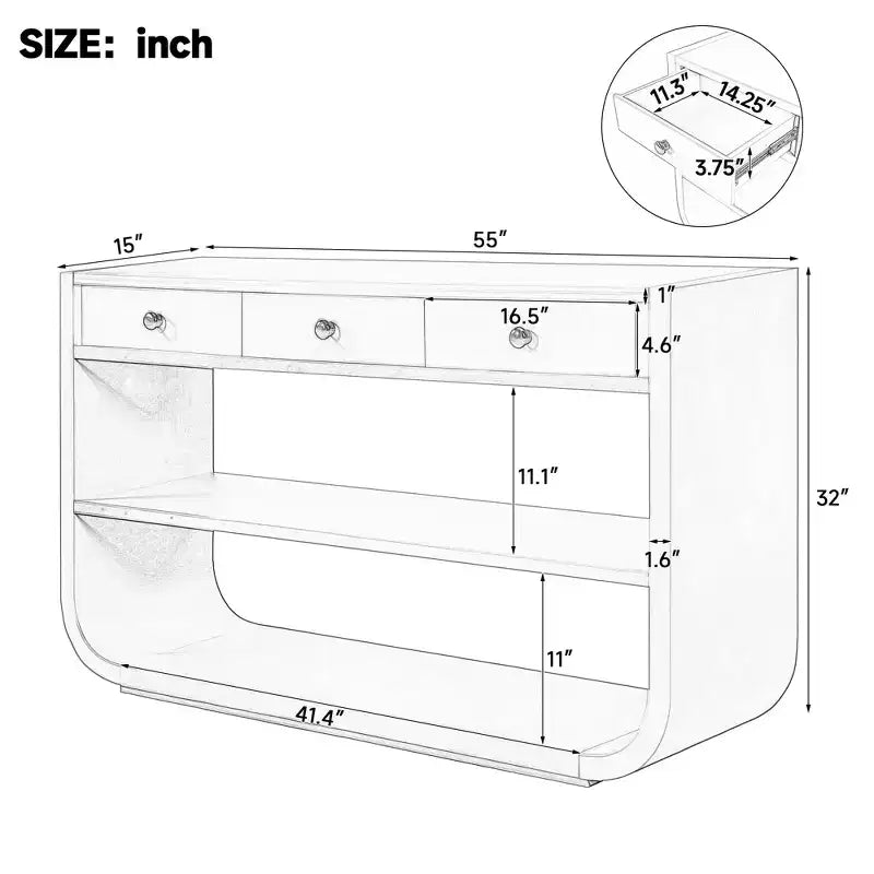 ModernLuxe Curved Console Table Entryway Table Sofa Side Table Display Stand Accent Table with 3 Soft-Close Drawers & 2 Open Shelves