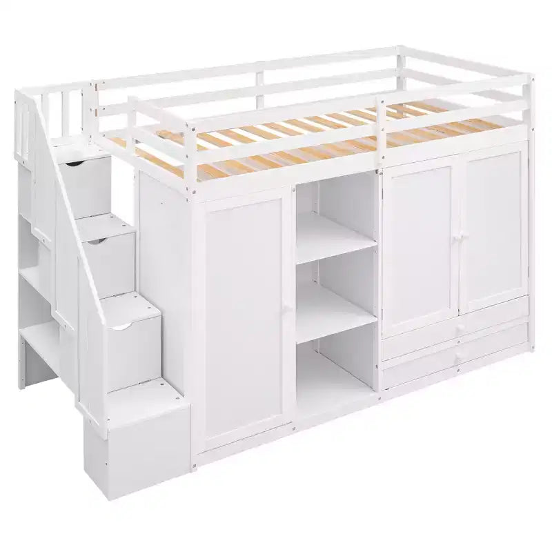 93.3 Functional Loft Bed with Wardrobes, Shelves, Drawers and Storage Ladder