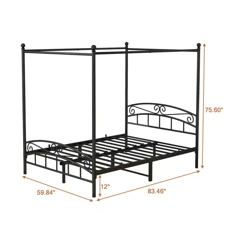 Queen Size Canopy Metal Bed Frame with Vintage Headboard and 12.4 Under-Bed Storage