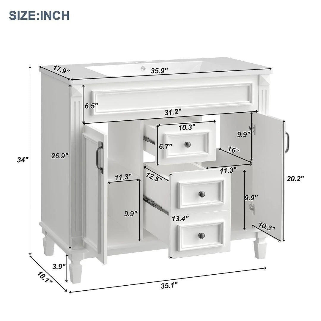 36 Modern Bathroom Vanity with Top Sink and Mirror Cabinet,2 Doors and 2 Drawers