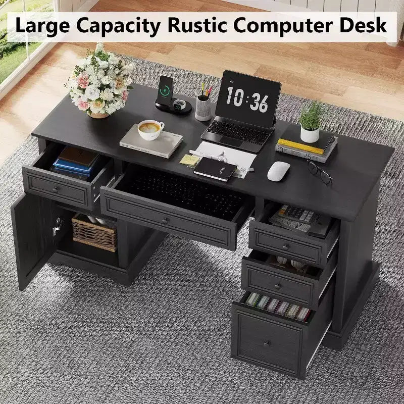 60 Farmhouse Executive Desk for Home Office - Wooden Writing Desk with Drawers, Cabinet Storage, Rustic Home Office Desk for Work Study
