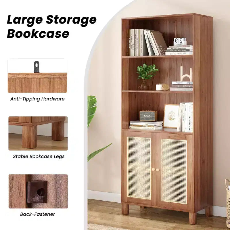 TUYOHW Tall Bookcase with Rattan Doors,5-Shelf Freestanding Storage Cabinet,Bookshelf for Living Room,Bedroom,Home Office