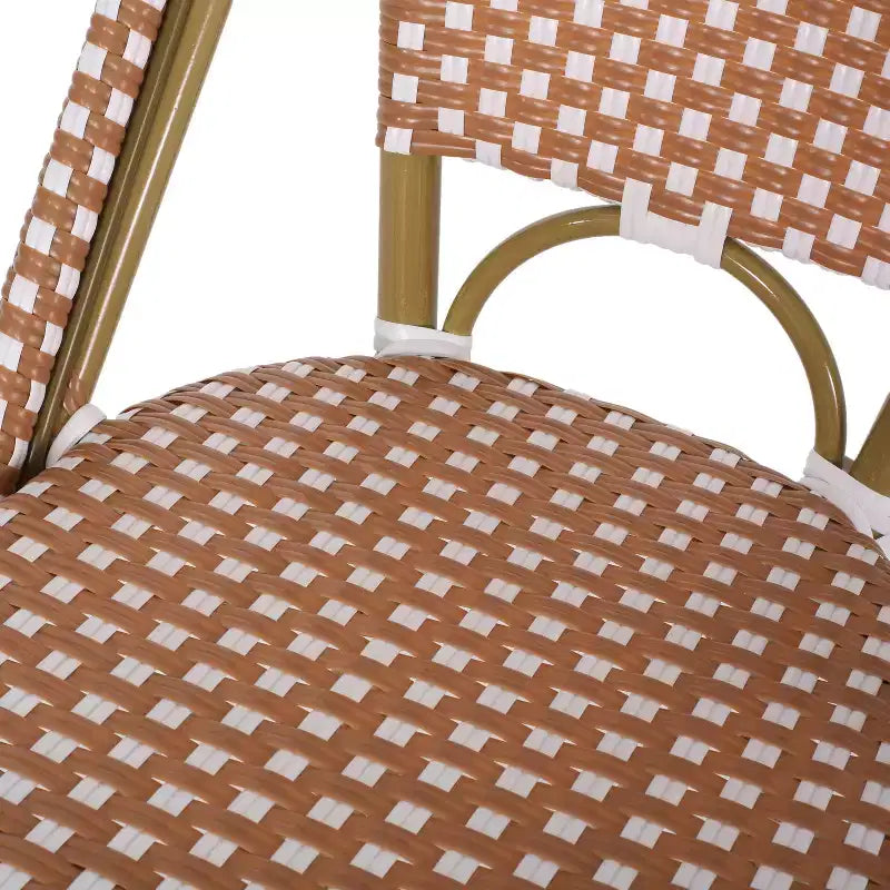 sumyeg 29.5 Outdoor French Bistro Bar Stools Set of 2, PE Rattan Wicker with Aluminum Frame, Bamboo Look Finish, Rust Red & White