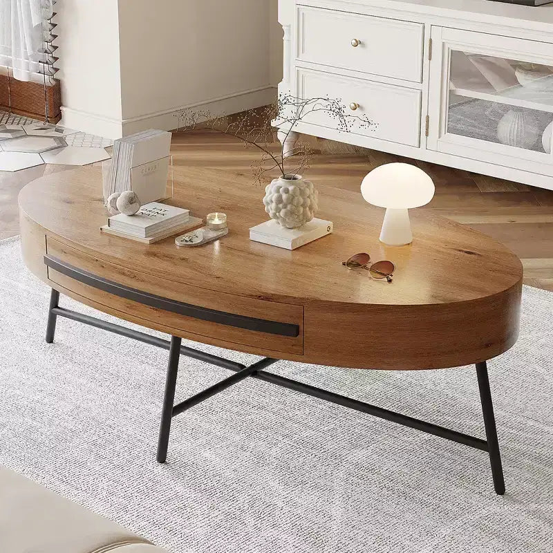 Oval Coffee Table with Drawer Mid-Century Modern Center Table 47.2 Wooden Coffee Table with Storage and Cross Metal Legs Curved Design