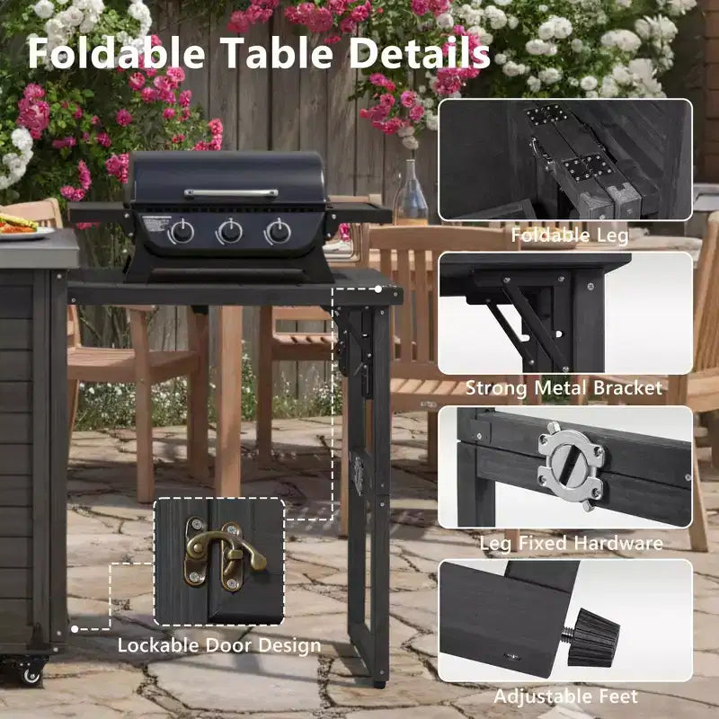 Outdoor Kitchen Island with Foldable Side Table,Outdoor Grill Cart with Stainless Steel Top,Hidden Trash Cabinet for Lawn & Garden