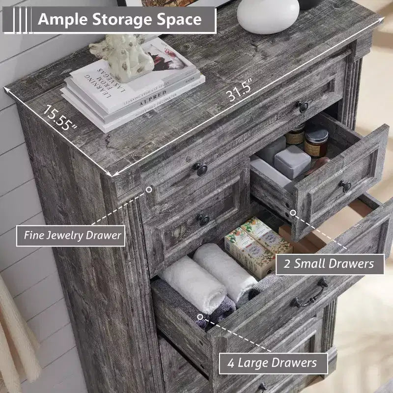 Mastgoal 57 Farmhouse Dresser with 7 Drawers, Rustic Wood Closet Storage with Roman Column for Bedroom