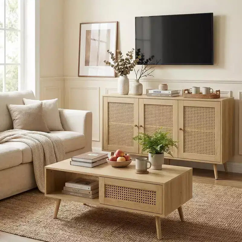 Brown Rattan-Style 2-Piece Living Room Set (TV Stand + Coffee Table), Seats 1