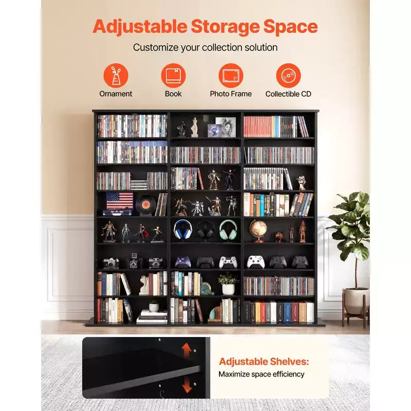 VEVOR Media Storage Cabinet, 8-Tier DVD Shelf Organizer, 55.91 x 8.66 x 51.18 in Multimedia Storage Organizer for CDs, DVDs, Books & Games, Black