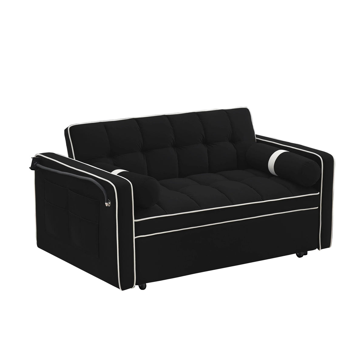 Velvet Convertible 55 2-Seater Sleeper Sofa with Pull-Out Bed, Adjustable Recline, Side Pockets, and Phone Holder