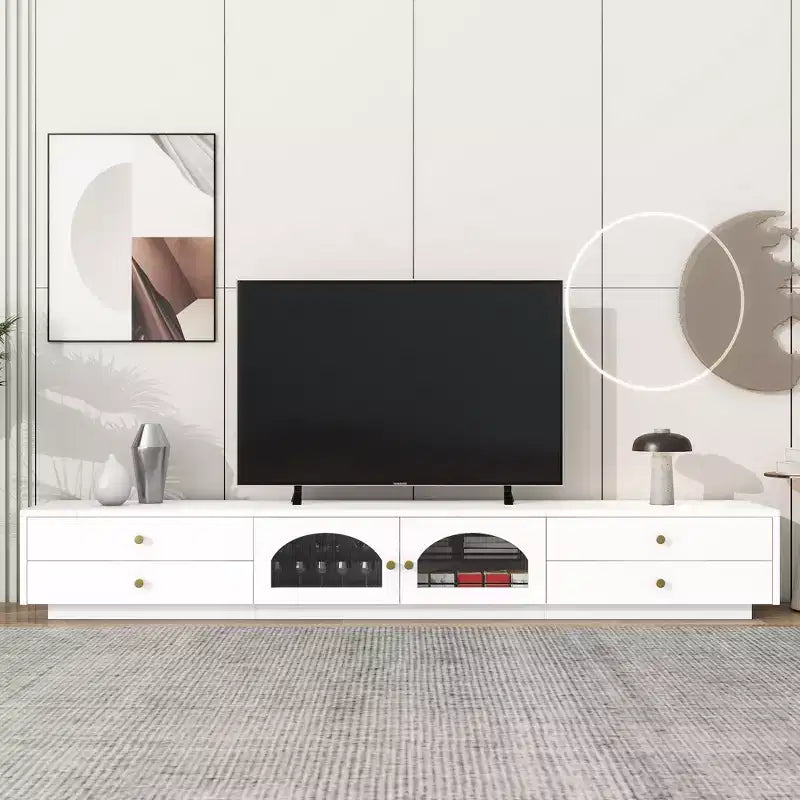 TV Stand for 95 TV, Extra Long Media Console with 2 Doors & 4 Drawers, Large TV Storage Cabinet Entertainment Center with Fluted Glass Doors